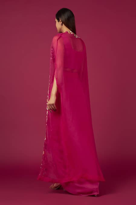 Shop Blue Lotus Design Pink Organza, Crepe Embroidery Square Neck Cape Dhoti Skirt Set at Aza Fashions Shop_Blue Lotus Design_Pink Organza, Crepe Embroidery Square Neck Cape Dhoti Skirt Set _at_Aza_Fashions