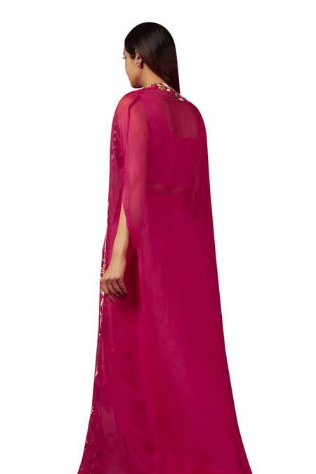 Blue Lotus Design Pink Organza, Crepe Embroidery Square Neck Cape Dhoti Skirt Set Online at Aza Fashions Blue Lotus Design_Pink Organza, Crepe Embroidery Square Neck Cape Dhoti Skirt Set _Online_at_Aza_Fashions