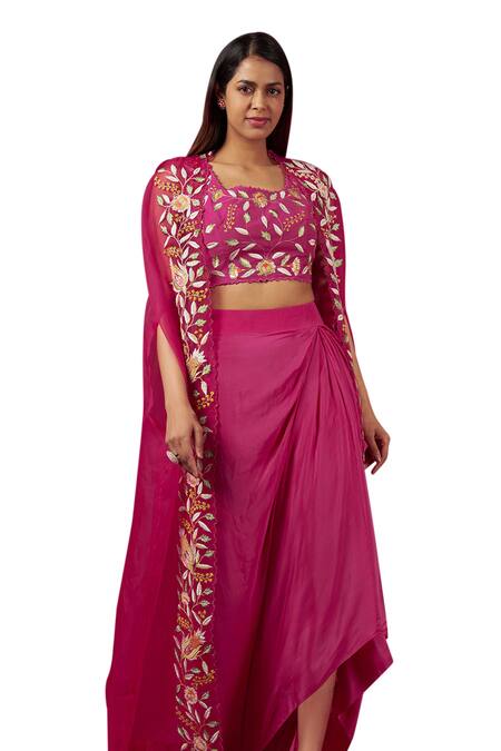 Buy Blue Lotus Design Pink Organza, Crepe Embroidery Square Neck Cape Dhoti Skirt Set Online at Aza Fashions Buy_Blue Lotus Design_Pink Organza, Crepe Embroidery Square Neck Cape Dhoti Skirt Set _Online_at_Aza_Fashions