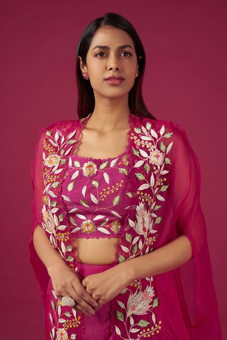 Blue Lotus Design Pink Organza, Crepe Embroidery Square Neck Cape Dhoti Skirt Set at Aza Fashions Blue Lotus Design_Pink Organza, Crepe Embroidery Square Neck Cape Dhoti Skirt Set _at_Aza_Fashions