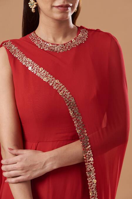 Buy_Blue Lotus Design_Red Georgette Sequins Round Neck Embroidered Draped Dress _Online_at_Aza_Fashions