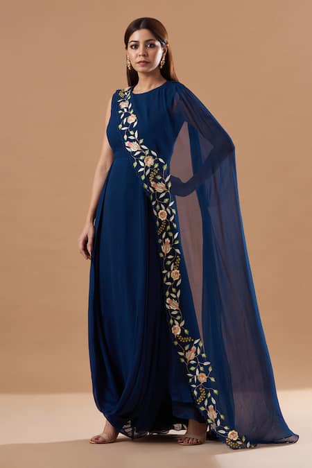 Blue Lotus Design Blue Georgette Embroidery, Sequins Round Neck Floral Draped Dress