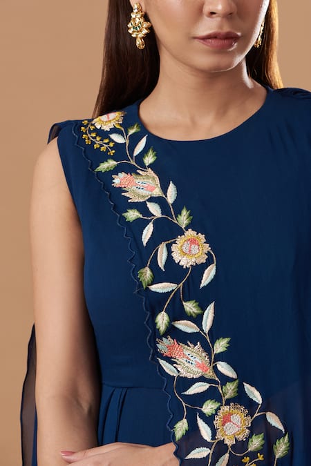 Blue Lotus Design_Blue Georgette Embroidery, Sequins Round Neck Floral Draped Dress _Online_at_Aza_Fashions