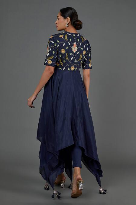 Shop Blue Lotus Design Blue Cotton, Silk Embroidery Round Neck Asymmetric Kurta at Aza Fashions Shop_Blue Lotus Design_Blue Cotton, Silk Embroidery Round Neck Asymmetric Kurta _at_Aza_Fashions