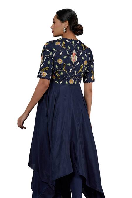 Blue Lotus Design Blue Cotton, Silk Embroidery Round Neck Asymmetric Kurta Online at Aza Fashions Blue Lotus Design_Blue Cotton, Silk Embroidery Round Neck Asymmetric Kurta _Online_at_Aza_Fashions