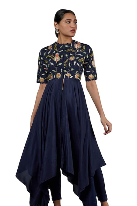 Buy Blue Lotus Design Blue Cotton, Silk Embroidery Round Neck Asymmetric Kurta Online at Aza Fashions Buy_Blue Lotus Design_Blue Cotton, Silk Embroidery Round Neck Asymmetric Kurta _Online_at_Aza_Fashions