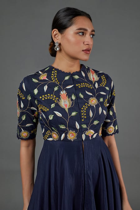 Shop Blue Lotus Design Blue Cotton, Silk Embroidery Round Neck Asymmetric Kurta Online at Aza Fashions Shop_Blue Lotus Design_Blue Cotton, Silk Embroidery Round Neck Asymmetric Kurta _Online_at_Aza_Fashions