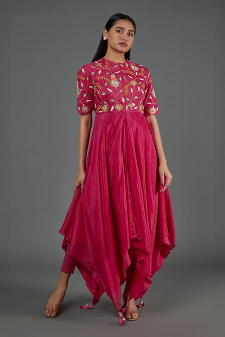 Blue Lotus Design Floral Embroidered Asymmetric Kurta 