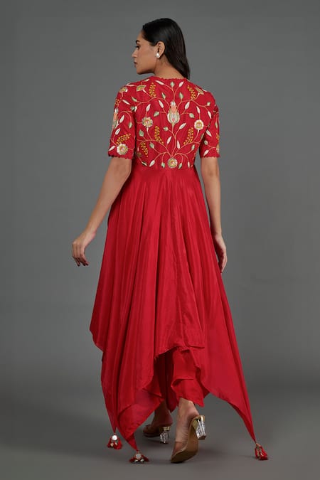 Shop Blue Lotus Design Red Cotton, Silk Embroidery Round Neck Thread Asymmetric Kurta at Aza Fashions Shop_Blue Lotus Design_Red Cotton, Silk Embroidery Round Neck Thread Asymmetric Kurta _at_Aza_Fashions