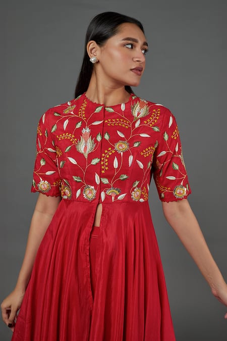 Blue Lotus Design Red Cotton, Silk Embroidery Round Neck Thread Asymmetric Kurta Online at Aza Fashions Blue Lotus Design_Red Cotton, Silk Embroidery Round Neck Thread Asymmetric Kurta _Online_at_Aza_Fashions