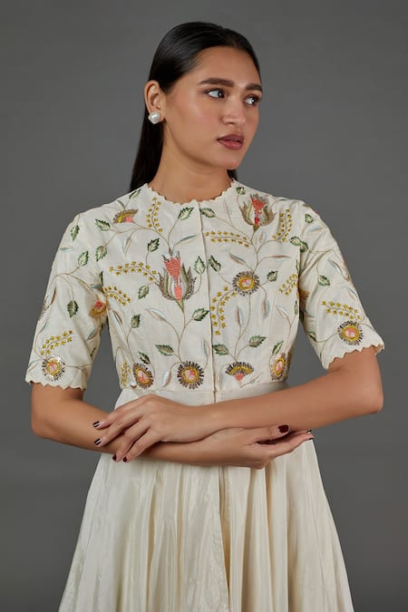 Blue Lotus Design Ivory Cotton, Silk Embroidery Round Neck Floral And Thread Asymmetric Kurta Online at Aza Fashions Blue Lotus Design_Ivory Cotton, Silk Embroidery Round Neck Floral And Thread Asymmetric Kurta _Online_at_Aza_Fashions