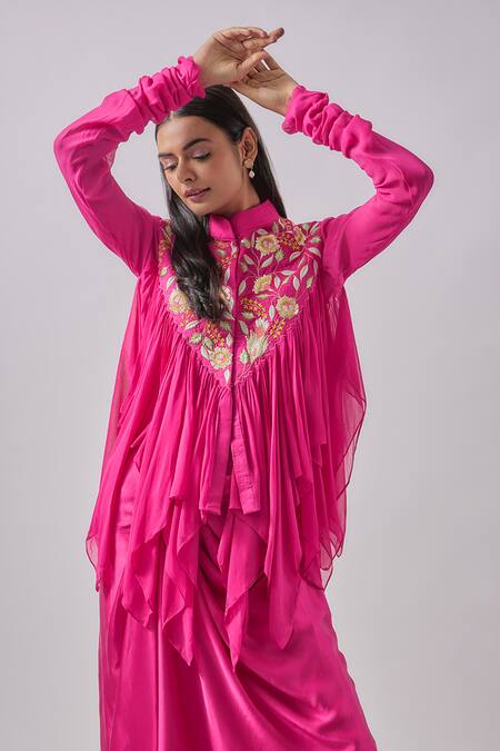 Blue Lotus Design_Fuchsia Silk Embroidery Bandeau Neck Top And Skirt Set _Online_at_Aza_Fashions