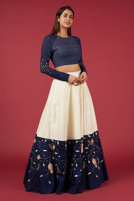 Blue Lotus Design Sequins Embroidered Blouse & Lehenga Set 