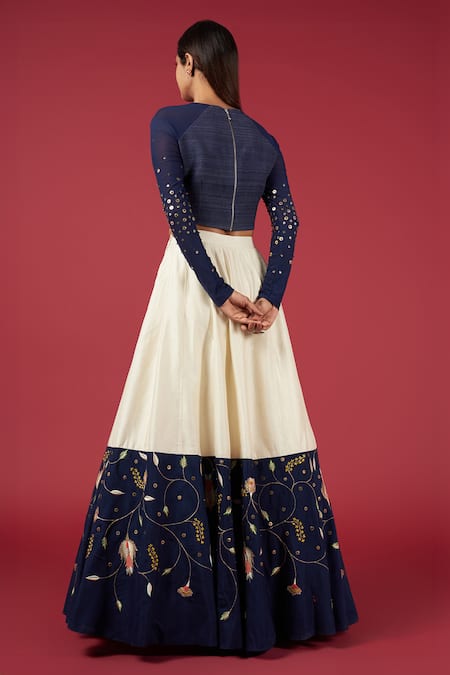 Blue Lotus Design Sequins Embroidered Blouse & Lehenga Set 