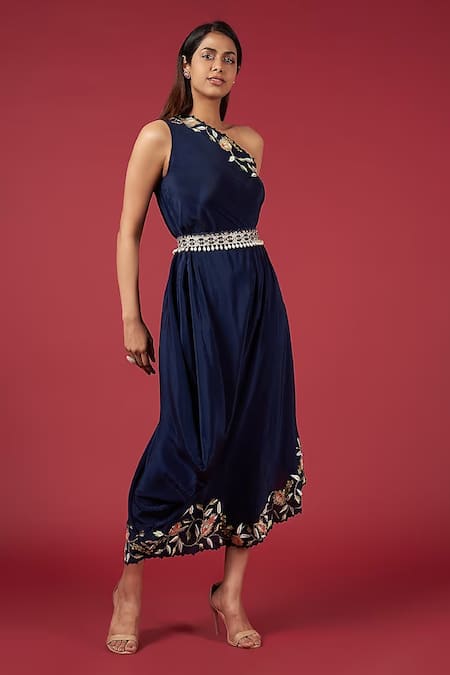 Blue Lotus Design Neck Embroidered One-Shoulder Dress 