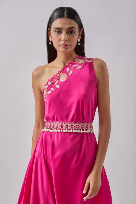 Blue Lotus Design_Pink Crepe Embroidery One Shoulder Hem Dress _Online_at_Aza_Fashions