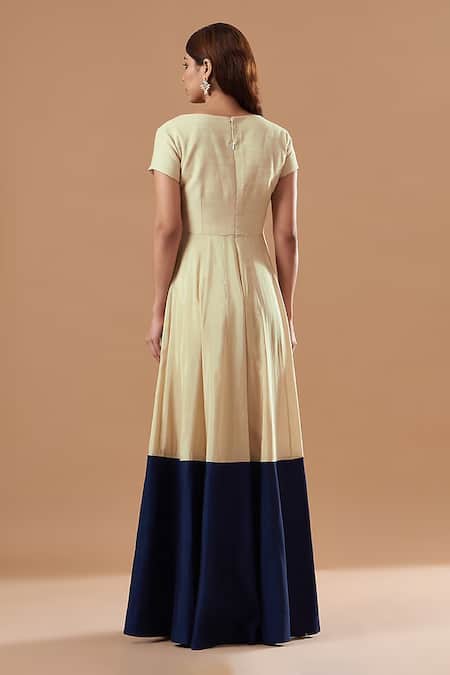 Shop Blue Lotus Design Beige Cotton V-neck Color Blocked Anarkali With Dupatta at Aza Fashions Shop_Blue Lotus Design_Beige Cotton V-neck Color Blocked Anarkali With Dupatta _at_Aza_Fashions