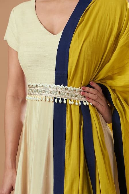 Blue Lotus Design Beige Cotton V-neck Color Blocked Anarkali With Dupatta Online at Aza Fashions Blue Lotus Design_Beige Cotton V-neck Color Blocked Anarkali With Dupatta _Online_at_Aza_Fashions