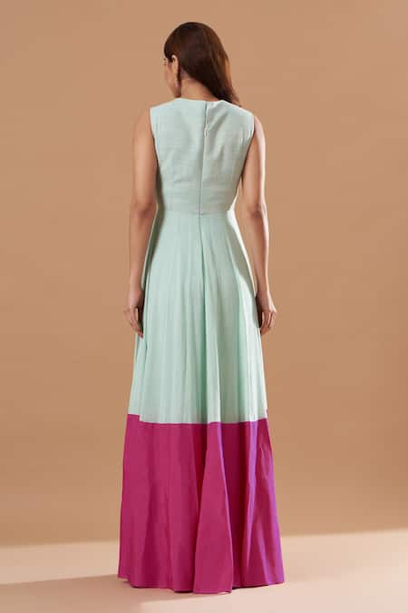 Shop Blue Lotus Design Blue Cotton V-neck Color Blocked Pattern Anarkali With Dupatta at Aza Fashions Shop_Blue Lotus Design_Blue Cotton V-neck Color Blocked Pattern Anarkali With Dupatta _at_Aza_Fashions