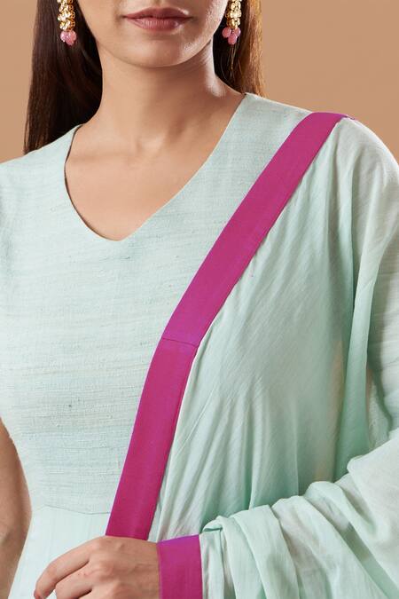 Blue Lotus Design Blue Cotton V-neck Color Blocked Pattern Anarkali With Dupatta Online at Aza Fashions Blue Lotus Design_Blue Cotton V-neck Color Blocked Pattern Anarkali With Dupatta _Online_at_Aza_Fashions