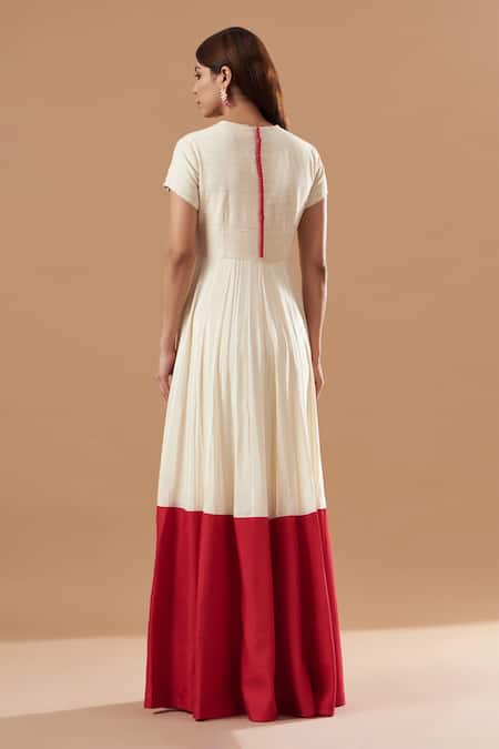 Shop Blue Lotus Design Beige Cotton Round Neck Color Blocked Solid Anarkali With Dupatta at Aza Fashions Shop_Blue Lotus Design_Beige Cotton Round Neck Color Blocked Solid Anarkali With Dupatta _at_Aza_Fashions