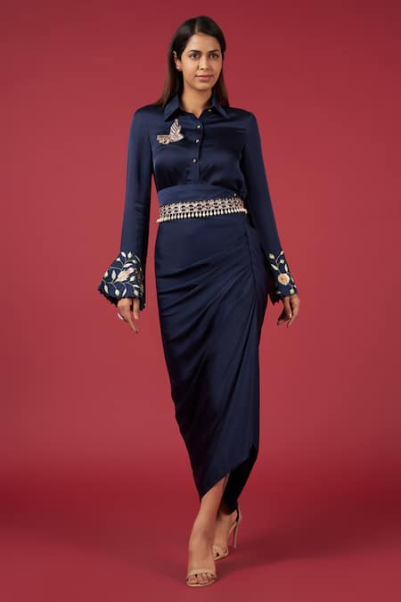 Blue Lotus Design Bead Embellished Shirt With Pencil Skirt 