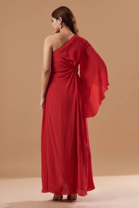 Shop Blue Lotus Design Red Crepe Sequins, Beads, Applique One Shoulder Floral Border Pleated Dress at Aza Fashions Shop_Blue Lotus Design_Red Crepe Sequins, Beads, Applique One Shoulder Floral Border Pleated Dress _at_Aza_Fashions