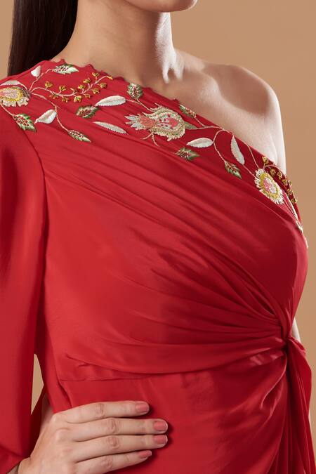 Blue Lotus Design Red Crepe Sequins, Beads, Applique One Shoulder Floral Border Pleated Dress Online at Aza Fashions Blue Lotus Design_Red Crepe Sequins, Beads, Applique One Shoulder Floral Border Pleated Dress _Online_at_Aza_Fashions