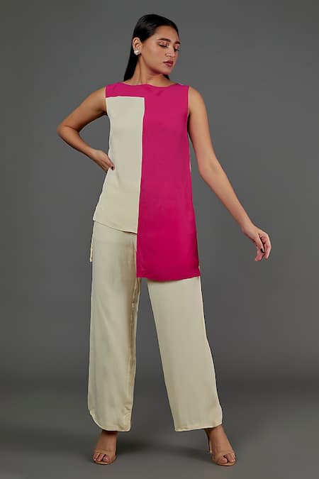 Blue Lotus Design Colour Block Panel Top With Pant 