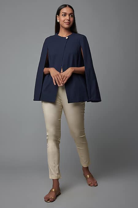 Blue Lotus Design Blue Cotton Linen Plain Round Solid Cape Sleeve Top With Pant 