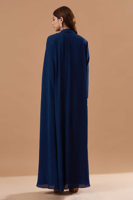 Shop Blue Lotus Design Blue Crepe Brooches Round Neck Solid Cape Sleeve Blazer Pant Set at Aza Fashions Shop_Blue Lotus Design_Blue Crepe Brooches Round Neck Solid Cape Sleeve Blazer Pant Set _at_Aza_Fashions