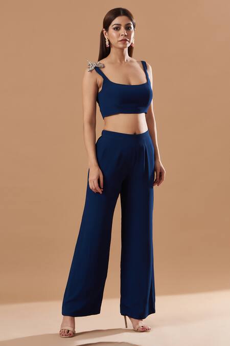 Blue Lotus Design Blue Crepe Brooches Round Neck Solid Cape Sleeve Blazer Pant Set Online at Aza Fashions Blue Lotus Design_Blue Crepe Brooches Round Neck Solid Cape Sleeve Blazer Pant Set _Online_at_Aza_Fashions