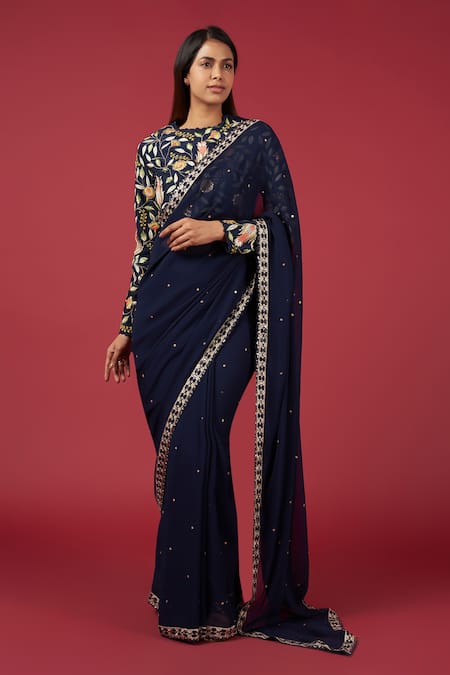 Blue Lotus Design Blue Georgette Embroidered Floral Round Sequined Saree With Blouse 