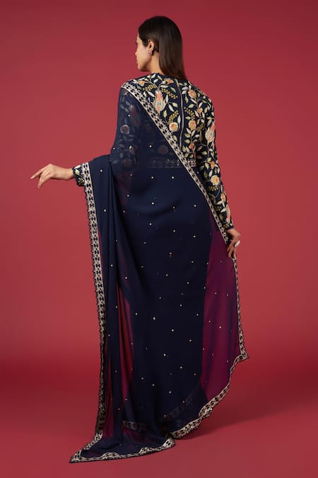 Shop Blue Lotus Design Blue Georgette Sequins, Embroidery Round Neck Saree With Floral Blouse at Aza Fashions Shop_Blue Lotus Design_Blue Georgette Sequins, Embroidery Round Neck Saree With Floral Blouse _at_Aza_Fashions