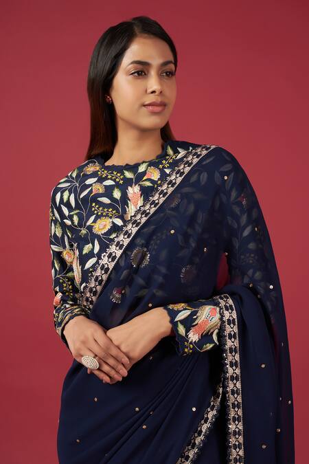 Blue Lotus Design Blue Georgette Sequins, Embroidery Round Neck Saree With Floral Blouse Online at Aza Fashions Blue Lotus Design_Blue Georgette Sequins, Embroidery Round Neck Saree With Floral Blouse _Online_at_Aza_Fashions