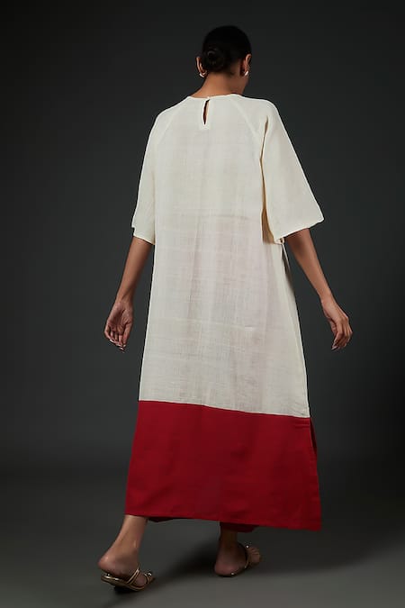 Shop Blue Lotus Design Ivory Handloom Cotton Round Neck Colour Block Kurta With Pant at Aza Fashions Shop_Blue Lotus Design_Ivory Handloom Cotton Round Neck Colour Block Kurta With Pant _at_Aza_Fashions