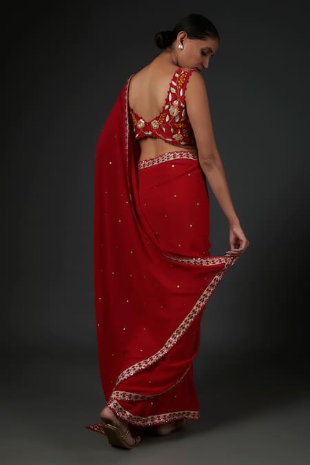Shop Blue Lotus Design Red Georgette Sequins, Embroidery Sweetheart Neck Saree With Blouse at Aza Fashions Shop_Blue Lotus Design_Red Georgette Sequins, Embroidery Sweetheart Neck Saree With Blouse _at_Aza_Fashions