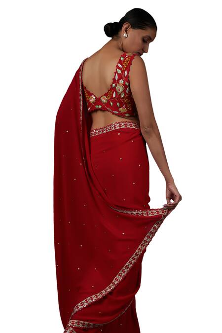 Blue Lotus Design Red Georgette Sequins, Embroidery Sweetheart Neck Saree With Blouse Online at Aza Fashions Blue Lotus Design_Red Georgette Sequins, Embroidery Sweetheart Neck Saree With Blouse _Online_at_Aza_Fashions