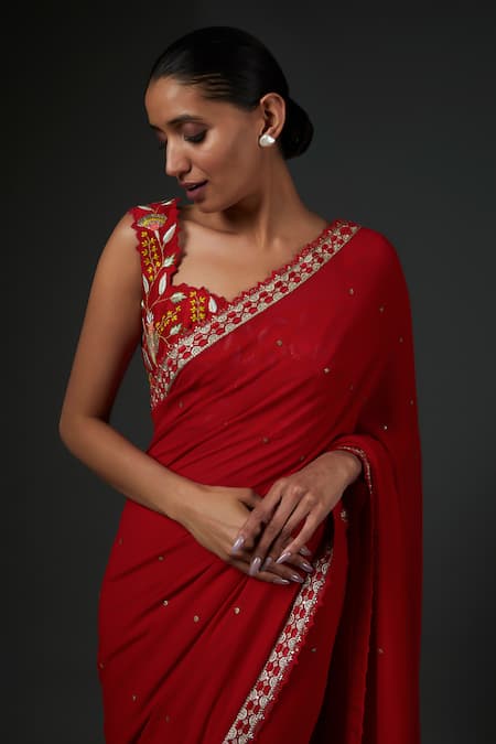 Buy Blue Lotus Design Red Georgette Sequins, Embroidery Sweetheart Neck Saree With Blouse Online at Aza Fashions Buy_Blue Lotus Design_Red Georgette Sequins, Embroidery Sweetheart Neck Saree With Blouse _Online_at_Aza_Fashions