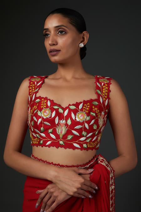 Shop Blue Lotus Design Red Georgette Sequins, Embroidery Sweetheart Neck Saree With Blouse Online at Aza Fashions Shop_Blue Lotus Design_Red Georgette Sequins, Embroidery Sweetheart Neck Saree With Blouse _Online_at_Aza_Fashions