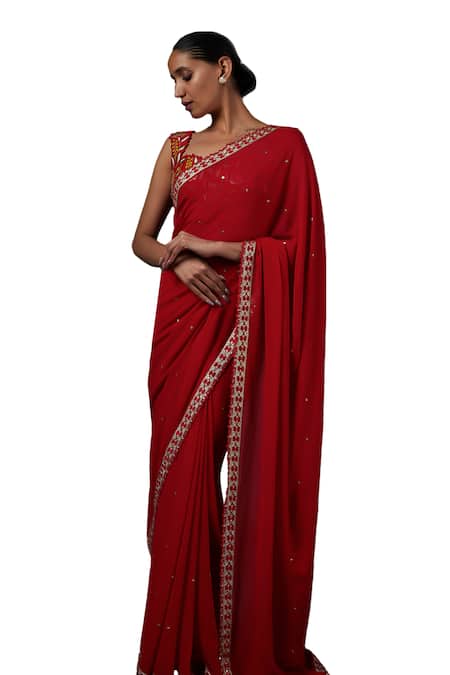 Blue Lotus Design Red Georgette Sequins, Embroidery Sweetheart Neck Saree With Blouse at Aza Fashions Blue Lotus Design_Red Georgette Sequins, Embroidery Sweetheart Neck Saree With Blouse _at_Aza_Fashions