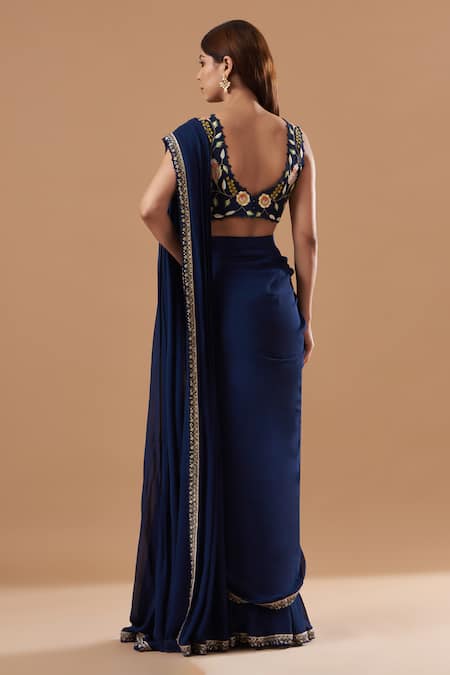 Shop Blue Lotus Design Blue Silk, Georgette Embroidery, Sequins Pre-draped Saree With Blouse at Aza Fashions Shop_Blue Lotus Design_Blue Silk, Georgette Embroidery, Sequins Pre-draped Saree With Blouse _at_Aza_Fashions
