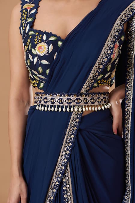 Blue Lotus Design Blue Silk, Georgette Embroidery, Sequins Pre-draped Saree With Blouse Online at Aza Fashions Blue Lotus Design_Blue Silk, Georgette Embroidery, Sequins Pre-draped Saree With Blouse _Online_at_Aza_Fashions