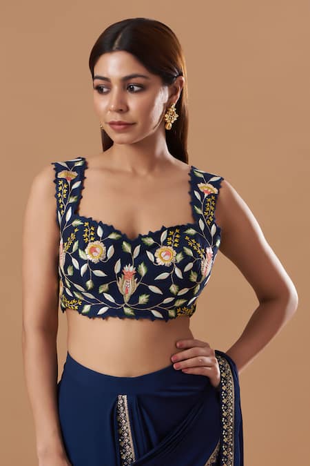 Buy Blue Lotus Design Blue Silk, Georgette Embroidery, Sequins Pre-draped Saree With Blouse Online at Aza Fashions Buy_Blue Lotus Design_Blue Silk, Georgette Embroidery, Sequins Pre-draped Saree With Blouse _Online_at_Aza_Fashions