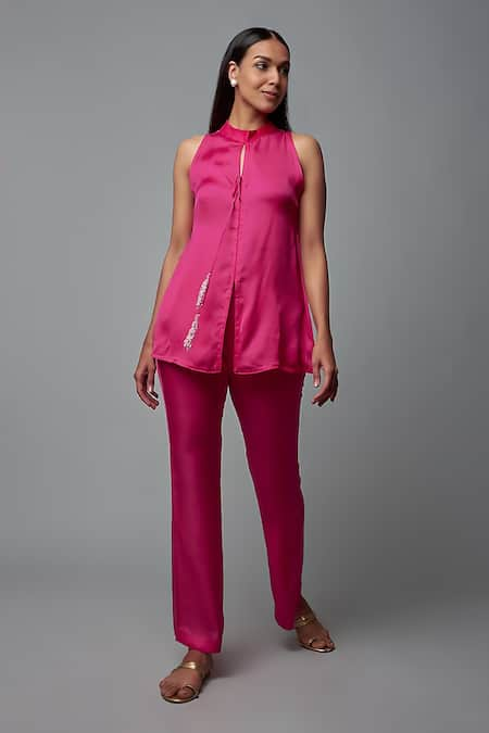 Blue Lotus Design Pink Satin Solid Band Collar Slit Kurta With Pant 