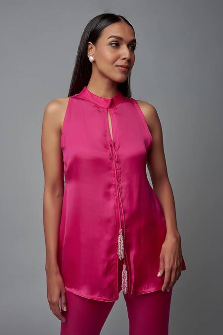 Blue Lotus Design Pink Satin Bandeau Neck Solid Slit Kurta With Pant Online at Aza Fashions Blue Lotus Design_Pink Satin Bandeau Neck Solid Slit Kurta With Pant _Online_at_Aza_Fashions