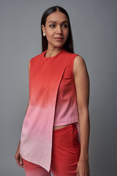 Blue Lotus Design_Red Cotton Round Neck Shaded Panelled Cut-out Top With Pant _Online_at_Aza_Fashions