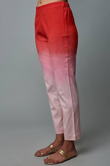 Buy_Blue Lotus Design_Red Cotton Round Neck Shaded Panelled Cut-out Top With Pant _Online_at_Aza_Fashions