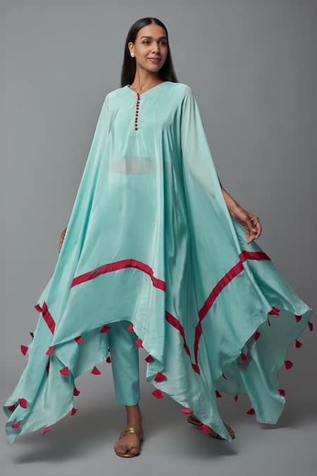 Blue Lotus Design Tasselled Asymmetric Kaftan With Pant 