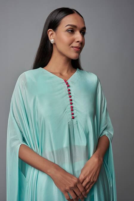 Blue Lotus Design Blue Crepe Tassels V-neck Asymmetric Kaftan With Pant Online at Aza Fashions Blue Lotus Design_Blue Crepe Tassels V-neck Asymmetric Kaftan With Pant _Online_at_Aza_Fashions